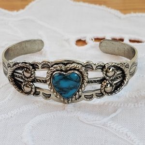 Vintage Bell Trading nickel silver faux turquoise heart cuff